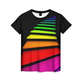 Женская футболка 3D с принтом Лестница в Новосибирске, 100% полиэфир ( синтетическое хлопкоподобное полотно) | прямой крой, круглый вырез горловины, длина до линии бедер | лестница | радуга | спектр | цвет | цвета | яркие