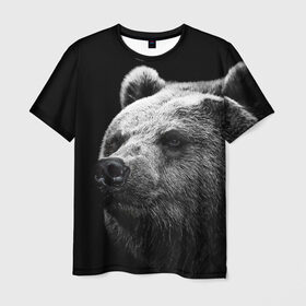 Мужская футболка 3D с принтом Медведь в Новосибирске, 100% полиэфир | прямой крой, круглый вырез горловины, длина до линии бедер | бурый | дикий | животное | медведь | россия | символ | тайги | фото | хищник | хозяин | черно белое