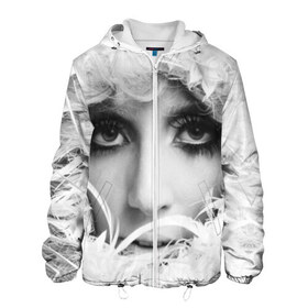 Мужская куртка 3D с принтом Lady Gaga в Новосибирске, ткань верха — 100% полиэстер, подклад — флис | прямой крой, подол и капюшон оформлены резинкой с фиксаторами, два кармана без застежек по бокам, один большой потайной карман на груди. Карман на груди застегивается на липучку | lady gaga | белые | блондинка | звезда | знаменитость | леди гаага | певица | перья | поп | эпатаж | эпатажная