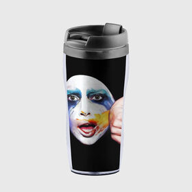 Термокружка-непроливайка с принтом Lady Gaga в Новосибирске, внутренняя часть — пищевой пластик, наружная часть — прозрачный пластик, между ними — полиграфическая вставка с рисунком | объем — 350 мл, герметичная крышка | lady gaga | взгляд | звезда | знаменитость | леди гаага | певица | поп | портрет | эпатаж | эпатажная