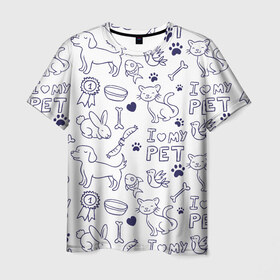 Мужская футболка 3D с принтом Я люблю своих питомцев в Новосибирске, 100% полиэфир | прямой крой, круглый вырез горловины, длина до линии бедер | Тематика изображения на принте: животные | коты | любовь | собаки