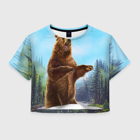 Женская футболка 3D укороченная с принтом Русский медведь в Новосибирске, 100% полиэстер | круглая горловина, длина футболки до линии талии, рукава с отворотами | гитара
