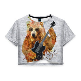 Женская футболка 3D укороченная с принтом Медведь с гитарой в Новосибирске, 100% полиэстер | круглая горловина, длина футболки до линии талии, рукава с отворотами | гитара