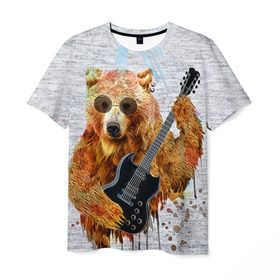 Мужская футболка 3D с принтом Медведь с гитарой в Новосибирске, 100% полиэфир | прямой крой, круглый вырез горловины, длина до линии бедер | гитара