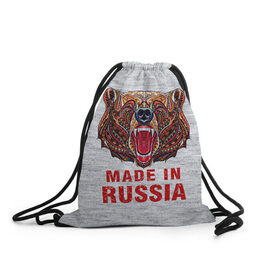 Рюкзак-мешок 3D с принтом made in Russia в Новосибирске, 100% полиэстер | плотность ткани — 200 г/м2, размер — 35 х 45 см; лямки — толстые шнурки, застежка на шнуровке, без карманов и подкладки | bear | made | made in russia | russia | злой | медведь | пасть | русский | я | я русский