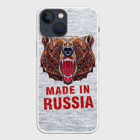 Чехол для iPhone 13 mini с принтом made in Russia в Новосибирске,  |  | Тематика изображения на принте: bear | made | made in russia | russia | злой | медведь | пасть | русский | я | я русский