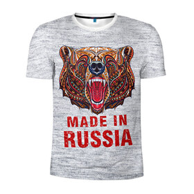 Мужская футболка 3D спортивная с принтом made in Russia в Новосибирске, 100% полиэстер с улучшенными характеристиками | приталенный силуэт, круглая горловина, широкие плечи, сужается к линии бедра | Тематика изображения на принте: bear | made | made in russia | russia | злой | медведь | пасть | русский | я | я русский