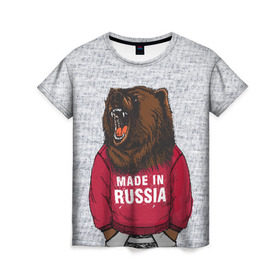 Женская футболка 3D с принтом made in Russia в Новосибирске, 100% полиэфир ( синтетическое хлопкоподобное полотно) | прямой крой, круглый вырез горловины, длина до линии бедер | bear | made | made in russia | russia | злой | медведь | пасть | русский | я | я русский