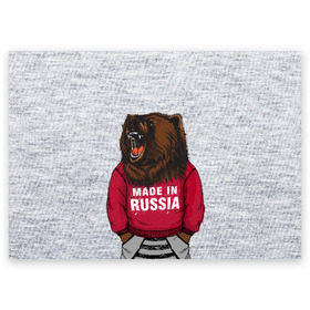 Поздравительная открытка с принтом made in Russia в Новосибирске, 100% бумага | плотность бумаги 280 г/м2, матовая, на обратной стороне линовка и место для марки
 | Тематика изображения на принте: bear | made | made in russia | russia | злой | медведь | пасть | русский | я | я русский