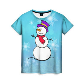 Женская футболка 3D с принтом Снеговик в Новосибирске, 100% полиэфир ( синтетическое хлопкоподобное полотно) | прямой крой, круглый вырез горловины, длина до линии бедер | новый год | снеговик