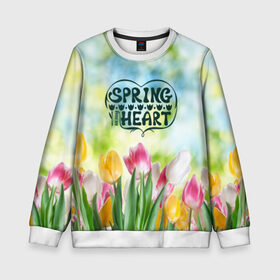 Детский свитшот 3D с принтом Весна в моем сердце в Новосибирске, 100% полиэстер | свободная посадка, прямой крой, мягкая тканевая резинка на рукавах и понизу свитшота | heart | весенний макет с тюльпанами поднимет настроение вам и окружающимspring | весна | сердце | тюльпан | цветы