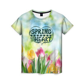 Женская футболка 3D с принтом Весна в моем сердце в Новосибирске, 100% полиэфир ( синтетическое хлопкоподобное полотно) | прямой крой, круглый вырез горловины, длина до линии бедер | heart | весенний макет с тюльпанами поднимет настроение вам и окружающимspring | весна | сердце | тюльпан | цветы
