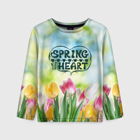 Детский лонгслив 3D с принтом Весна в моем сердце в Новосибирске, 100% полиэстер | длинные рукава, круглый вырез горловины, полуприлегающий силуэт
 | heart | весенний макет с тюльпанами поднимет настроение вам и окружающимspring | весна | сердце | тюльпан | цветы