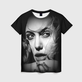 Женская футболка 3D с принтом Анжелина Джоли в Новосибирске, 100% полиэфир ( синтетическое хлопкоподобное полотно) | прямой крой, круглый вырез горловины, длина до линии бедер | angelina jolie | американская актриса | анжелина джоли | режиссёр | фотомодель | ценарист