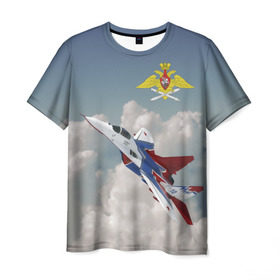 Мужская футболка 3D с принтом Самолёт в Новосибирске, 100% полиэфир | прямой крой, круглый вырез горловины, длина до линии бедер | Тематика изображения на принте: авиация | ввс | ввс россии | небо | самолёт