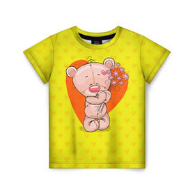 Детская футболка 3D с принтом Мишка с цветочками в Новосибирске, 100% гипоаллергенный полиэфир | прямой крой, круглый вырез горловины, длина до линии бедер, чуть спущенное плечо, ткань немного тянется | 8марта | весна | девушкам | милый | мишка | подарок | цветок