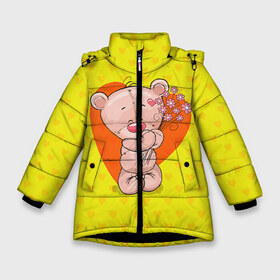 Зимняя куртка для девочек 3D с принтом Мишка с цветочками в Новосибирске, ткань верха — 100% полиэстер; подклад — 100% полиэстер, утеплитель — 100% полиэстер. | длина ниже бедра, удлиненная спинка, воротник стойка и отстегивающийся капюшон. Есть боковые карманы с листочкой на кнопках, утяжки по низу изделия и внутренний карман на молнии. 

Предусмотрены светоотражающий принт на спинке, радужный светоотражающий элемент на пуллере молнии и на резинке для утяжки. | 8марта | весна | девушкам | милый | мишка | подарок | цветок