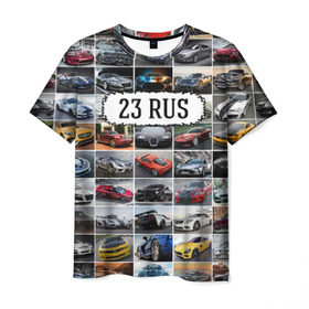Мужская футболка 3D с принтом Крутые тачки (23 RUS) в Новосибирске, 100% полиэфир | прямой крой, круглый вырез горловины, длина до линии бедер | Тематика изображения на принте: 123 | 23 rus | 93 | блатной номер | госномер | дорогие машины | краснодарский край | крутые тачки | лучшие авто | спортивные автомобили | спорткары