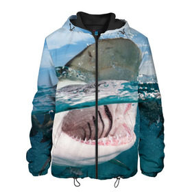 Мужская куртка 3D с принтом Хищная акула в Новосибирске, ткань верха — 100% полиэстер, подклад — флис | прямой крой, подол и капюшон оформлены резинкой с фиксаторами, два кармана без застежек по бокам, один большой потайной карман на груди. Карман на груди застегивается на липучку | Тематика изображения на принте: акула | море | океан | природа | хищник