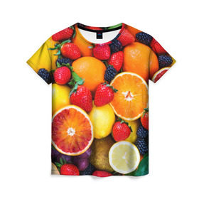 Женская футболка 3D с принтом Мультифрукт в Новосибирске, 100% полиэфир ( синтетическое хлопкоподобное полотно) | прямой крой, круглый вырез горловины, длина до линии бедер | апельсин | ежевика | киви | клубника | лимон | яблоко