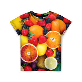 Детская футболка 3D с принтом Мультифрукт в Новосибирске, 100% гипоаллергенный полиэфир | прямой крой, круглый вырез горловины, длина до линии бедер, чуть спущенное плечо, ткань немного тянется | Тематика изображения на принте: апельсин | ежевика | киви | клубника | лимон | яблоко