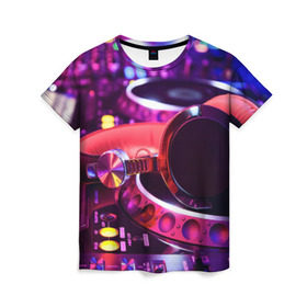 Женская футболка 3D с принтом DJ Mix в Новосибирске, 100% полиэфир ( синтетическое хлопкоподобное полотно) | прямой крой, круглый вырез горловины, длина до линии бедер | deejay | dj | диджей | музыка | наушники | пульт