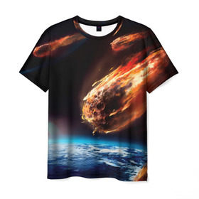 Мужская футболка 3D с принтом Метеориты в Новосибирске, 100% полиэфир | прямой крой, круглый вырез горловины, длина до линии бедер | Тематика изображения на принте: астероид | земля | космос | метеор | планета