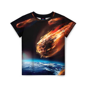 Детская футболка 3D с принтом Метеориты в Новосибирске, 100% гипоаллергенный полиэфир | прямой крой, круглый вырез горловины, длина до линии бедер, чуть спущенное плечо, ткань немного тянется | Тематика изображения на принте: астероид | земля | космос | метеор | планета