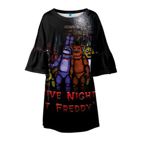 Детское платье 3D с принтом Five Nights At Freddy`s в Новосибирске, 100% полиэстер | прямой силуэт, чуть расширенный к низу. Круглая горловина, на рукавах — воланы | five nights at freddys | five nights at freddys по мотивам игрыfreddy | игры | мишка | фнаф | фредди