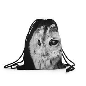 Рюкзак-мешок 3D с принтом Сова в Новосибирске, 100% полиэстер | плотность ткани — 200 г/м2, размер — 35 х 45 см; лямки — толстые шнурки, застежка на шнуровке, без карманов и подкладки | ночь | ночьная | птица | сова | фото | хищник | черно белое