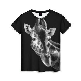 Женская футболка 3D с принтом Жираф в Новосибирске, 100% полиэфир ( синтетическое хлопкоподобное полотно) | прямой крой, круглый вырез горловины, длина до линии бедер | африка | животное | жираф | фон | фото | черно белое | черный
