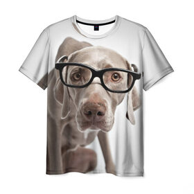 Мужская футболка 3D с принтом Собака в очках в Новосибирске, 100% полиэфир | прямой крой, круглый вырез горловины, длина до линии бедер | в очках | дог | животное | очки | прикол | пятнистый | собака | щенок