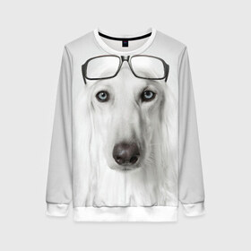 Женский свитшот 3D с принтом Собака в очках в Новосибирске, 100% полиэстер с мягким внутренним слоем | круглый вырез горловины, мягкая резинка на манжетах и поясе, свободная посадка по фигуре | афганская | белая | борзая | в очках | животное | очки | прикол | собака