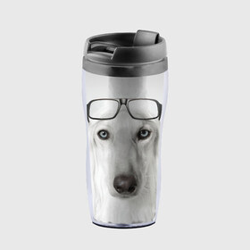 Термокружка-непроливайка с принтом Собака в очках в Новосибирске, внутренняя часть — пищевой пластик, наружная часть — прозрачный пластик, между ними — полиграфическая вставка с рисунком | объем — 350 мл, герметичная крышка | Тематика изображения на принте: афганская | белая | борзая | в очках | животное | очки | прикол | собака