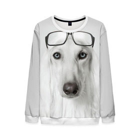 Мужской свитшот 3D с принтом Собака в очках в Новосибирске, 100% полиэстер с мягким внутренним слоем | круглый вырез горловины, мягкая резинка на манжетах и поясе, свободная посадка по фигуре | афганская | белая | борзая | в очках | животное | очки | прикол | собака