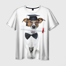 Мужская футболка 3D с принтом Собака выпускник в Новосибирске, 100% полиэфир | прямой крой, круглый вырез горловины, длина до линии бедер | бабочка | галстук | диплом | магистр | пес