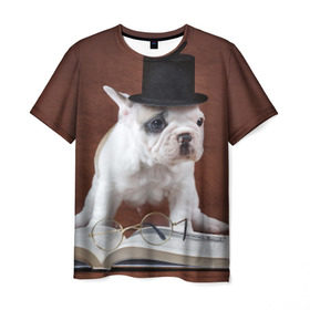 Мужская футболка 3D с принтом Бульдог в цилиндре в Новосибирске, 100% полиэфир | прямой крой, круглый вырез горловины, длина до линии бедер | бульдог в цилиндре | домашнее | животное | книга французский | очки | пес | прикол | собака | умный | ученый