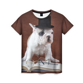 Женская футболка 3D с принтом Бульдог в цилиндре в Новосибирске, 100% полиэфир ( синтетическое хлопкоподобное полотно) | прямой крой, круглый вырез горловины, длина до линии бедер | бульдог в цилиндре | домашнее | животное | книга французский | очки | пес | прикол | собака | умный | ученый