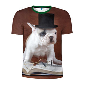 Мужская футболка 3D спортивная с принтом Бульдог в цилиндре в Новосибирске, 100% полиэстер с улучшенными характеристиками | приталенный силуэт, круглая горловина, широкие плечи, сужается к линии бедра | Тематика изображения на принте: бульдог в цилиндре | домашнее | животное | книга французский | очки | пес | прикол | собака | умный | ученый