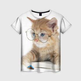 Женская футболка 3D с принтом Кот в очках в Новосибирске, 100% полиэфир ( синтетическое хлопкоподобное полотно) | прямой крой, круглый вырез горловины, длина до линии бедер | домашнее | животное | книга | кот | кот в очках | котэ | очки | прикол | умный | ученый | читает