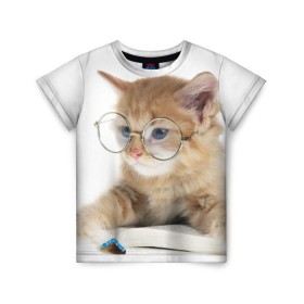 Детская футболка 3D с принтом Кот в очках в Новосибирске, 100% гипоаллергенный полиэфир | прямой крой, круглый вырез горловины, длина до линии бедер, чуть спущенное плечо, ткань немного тянется | домашнее | животное | книга | кот | кот в очках | котэ | очки | прикол | умный | ученый | читает