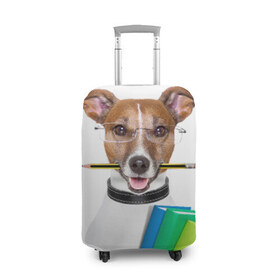Чехол для чемодана 3D с принтом Ученый пес в Новосибирске, 86% полиэфир, 14% спандекс | двустороннее нанесение принта, прорези для ручек и колес | домашнее | животное | карандаш | книги | очки | ошейник | пес | прикол | собака в очках | умный | ученый