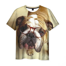 Мужская футболка 3D с принтом Бульдог в очках в Новосибирске, 100% полиэфир | прямой крой, круглый вырез горловины, длина до линии бедер | Тематика изображения на принте: бульдог в очках | домашнее | животное | очки | пес | прикол | собака | умный | ученый