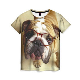 Женская футболка 3D с принтом Бульдог в очках в Новосибирске, 100% полиэфир ( синтетическое хлопкоподобное полотно) | прямой крой, круглый вырез горловины, длина до линии бедер | бульдог в очках | домашнее | животное | очки | пес | прикол | собака | умный | ученый