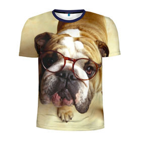 Мужская футболка 3D спортивная с принтом Бульдог в очках в Новосибирске, 100% полиэстер с улучшенными характеристиками | приталенный силуэт, круглая горловина, широкие плечи, сужается к линии бедра | Тематика изображения на принте: бульдог в очках | домашнее | животное | очки | пес | прикол | собака | умный | ученый