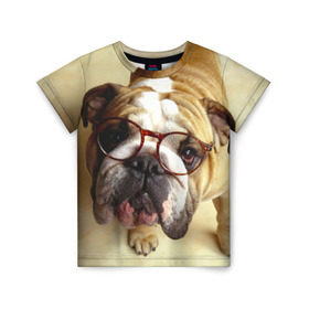 Детская футболка 3D с принтом Бульдог в очках в Новосибирске, 100% гипоаллергенный полиэфир | прямой крой, круглый вырез горловины, длина до линии бедер, чуть спущенное плечо, ткань немного тянется | Тематика изображения на принте: бульдог в очках | домашнее | животное | очки | пес | прикол | собака | умный | ученый