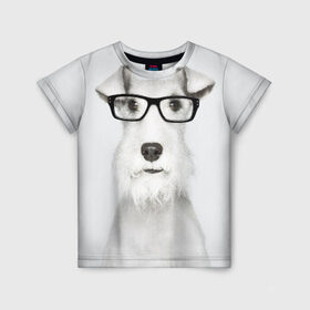 Детская футболка 3D с принтом Собака в очках в Новосибирске, 100% гипоаллергенный полиэфир | прямой крой, круглый вырез горловины, длина до линии бедер, чуть спущенное плечо, ткань немного тянется | белый | домашнее | животное | очки | пес | прикол | собака в очках | умный | ученый | эрдельтерьер