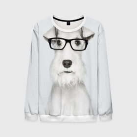 Мужской свитшот 3D с принтом Собака в очках в Новосибирске, 100% полиэстер с мягким внутренним слоем | круглый вырез горловины, мягкая резинка на манжетах и поясе, свободная посадка по фигуре | белый | домашнее | животное | очки | пес | прикол | собака в очках | умный | ученый | эрдельтерьер