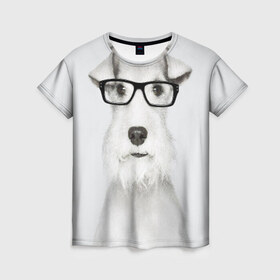 Женская футболка 3D с принтом Собака в очках в Новосибирске, 100% полиэфир ( синтетическое хлопкоподобное полотно) | прямой крой, круглый вырез горловины, длина до линии бедер | Тематика изображения на принте: белый | домашнее | животное | очки | пес | прикол | собака в очках | умный | ученый | эрдельтерьер