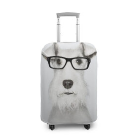 Чехол для чемодана 3D с принтом Собака в очках в Новосибирске, 86% полиэфир, 14% спандекс | двустороннее нанесение принта, прорези для ручек и колес | белый | домашнее | животное | очки | пес | прикол | собака в очках | умный | ученый | эрдельтерьер